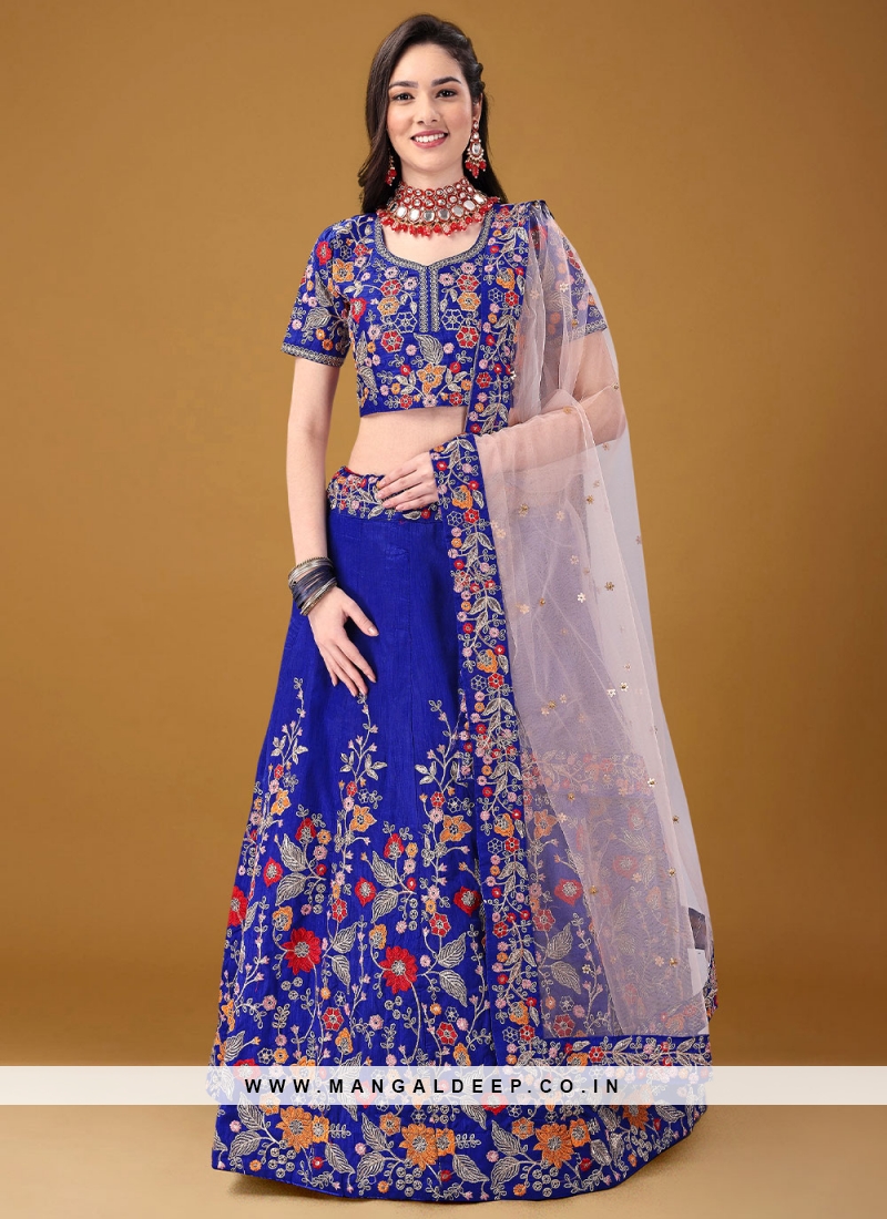 Blue Satin Silk Sangeet Trendy Lehenga Choli