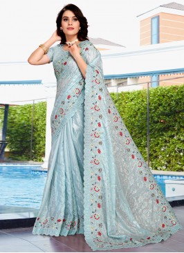 Blue Sequins Crepe Silk Saree