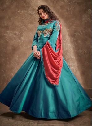 Blue Silk Embroidered Readymade Anarkali Salwar Suit