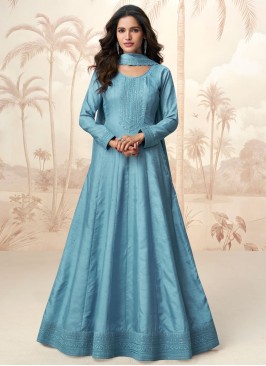 Blue Silk Readymade Floor Length Gown 