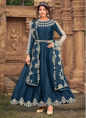 Blue Silk Woven Anarkali Salwar Suit