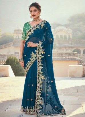 Blue Tissue Sangeet Traditional Saree
