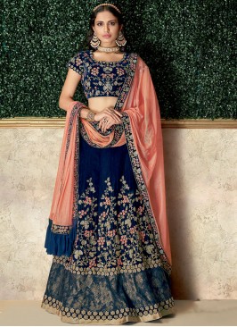 Blue Velvet Embroidered Lehenga Choli