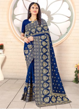 Blue Vichitra Silk Stone Work Designer Traditional Saree