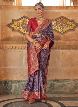 Blue Weaving Ceremonial Contemporary Style Saree
