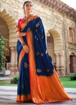 Blue Wedding Satin Silk Saree