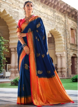 Blue Wedding Satin Silk Saree