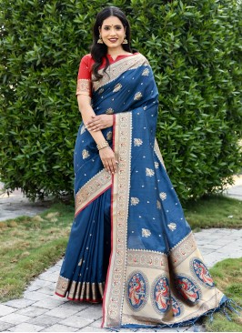 Blue Zari Banarasi Silk Contemporary Saree
