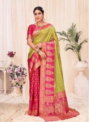 Bold Lime Green Color Silk Saree