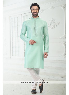 Bold Pista Green Premium Linen Cotton Kurta Pyjama Set with Thread Work