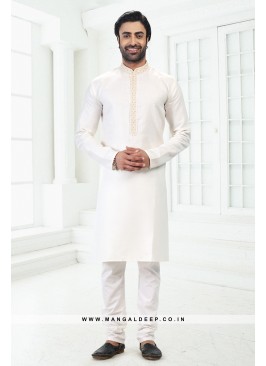 Bold Cream Premium Linen Cotton Kurta Pyjama Set with Thread Work