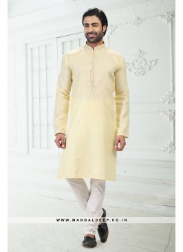 Bold Yellow Premium Linen Cotton Kurta Pyjama Set with Thread Work