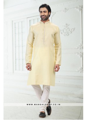 Bold Yellow Premium Linen Cotton Kurta Pyjama Set with Thread Work