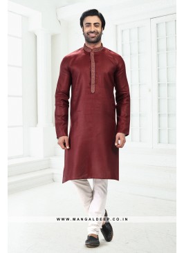 Bold Wine Premium Linen Cotton Kurta Pyjama Set with Thread Work