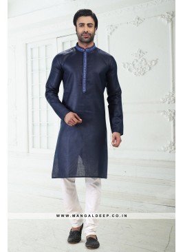 Bold Blue Premium Linen Cotton Kurta Pyjama Set with Thread Work