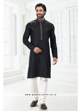 Bold Black Premium Linen Cotton Kurta Pyjama Set with Thread Work