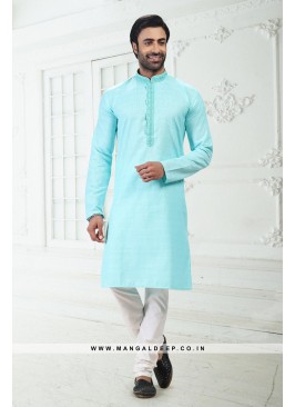 Bold Blue Premium Linen Cotton Kurta Pyjama Set with Thread Work