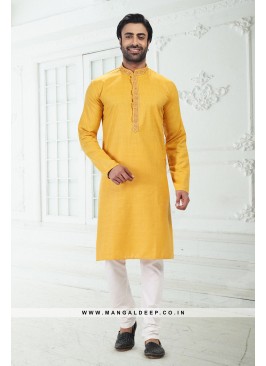 Bold Yellow Premium Linen Cotton Kurta Pyjama Set with Thread Work