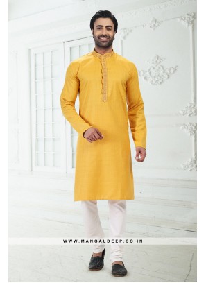 Bold Yellow Premium Linen Cotton Kurta Pyjama Set with Thread Work