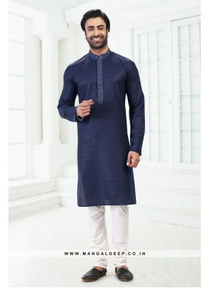 Bold Blue Premium Linen Cotton Kurta Pyjama Set with Thread Work