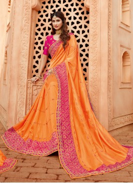 Bold Orange Color Silk Wedding Wear Saree