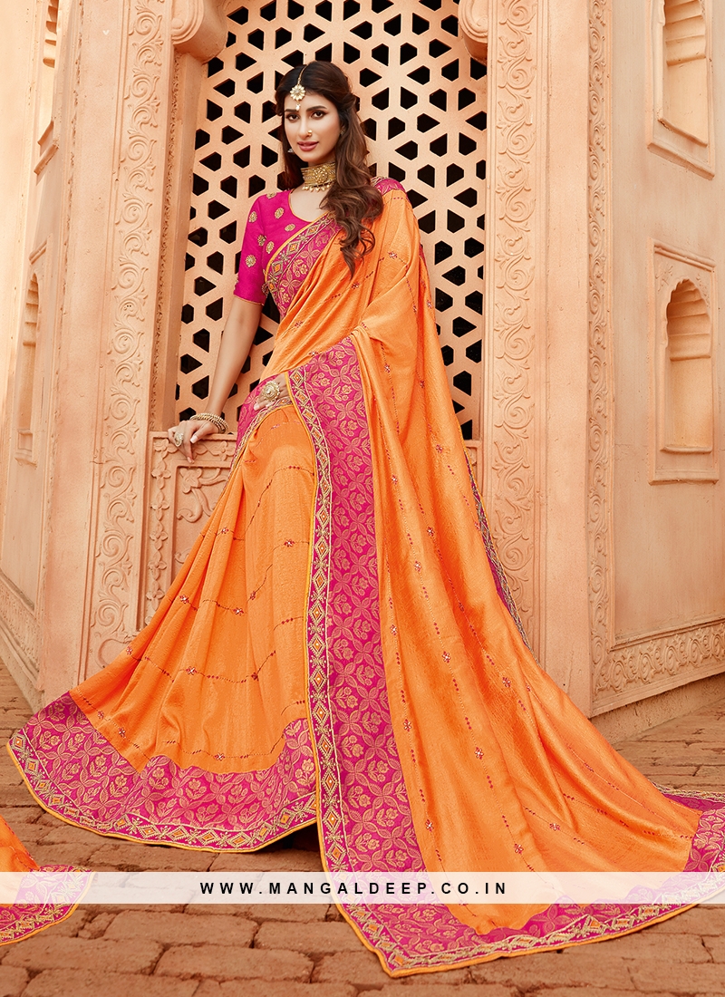 Bold Orange Color Silk Wedding Wear Saree