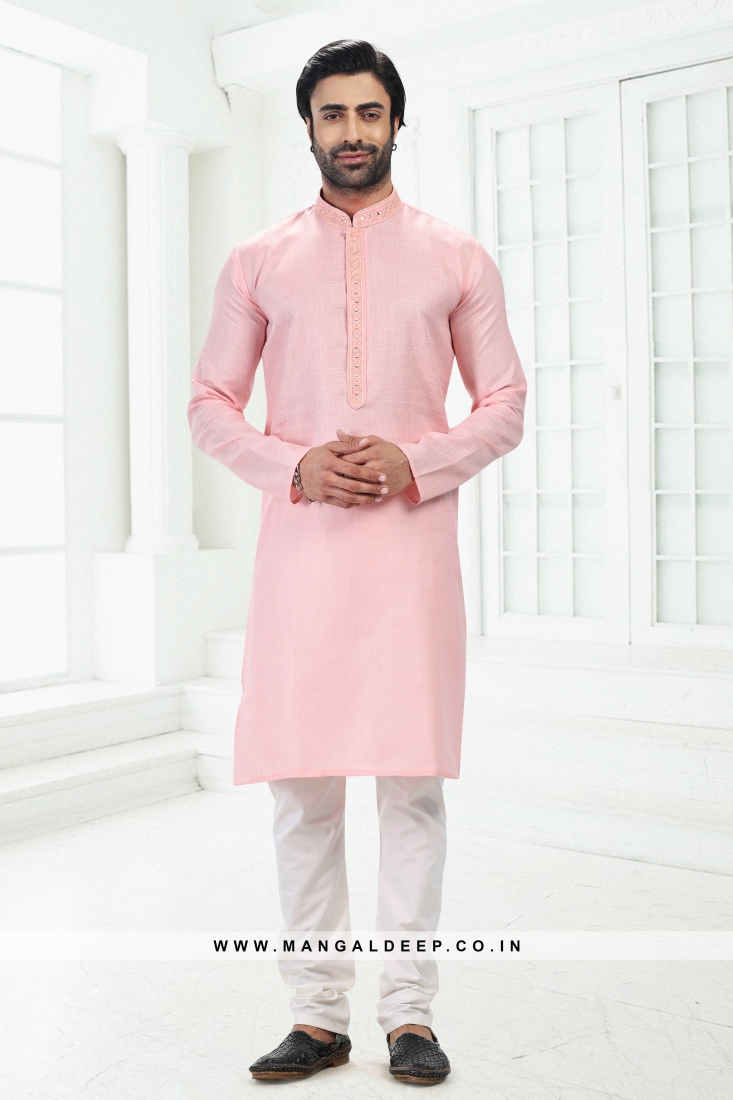 Bold Pink Premium Linen Cotton Kurta Pyjama Set with Thread Work