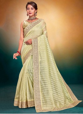 Border Fancy Fabric Contemporary Saree in Green