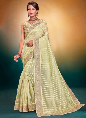 Border Fancy Fabric Contemporary Saree in Green