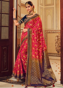 Border Fancy Fabric Trendy Saree in Rani