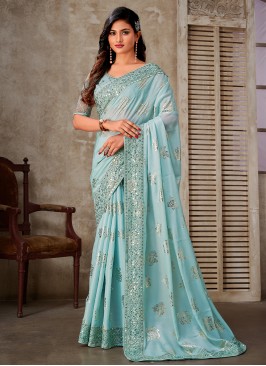 Border Foil Traditional Saree in Aqua Blue