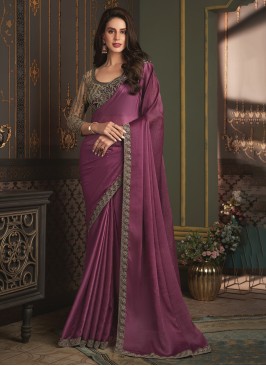 Border Satin Silk Contemporary Style Saree in Purp