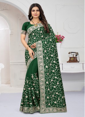 BOTEL GREEN COLOUR CRAP SILK EMBROIDERY WORK SAREE