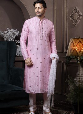 Pink Silk Kurta Pajama with Off-White PolySilk Tro