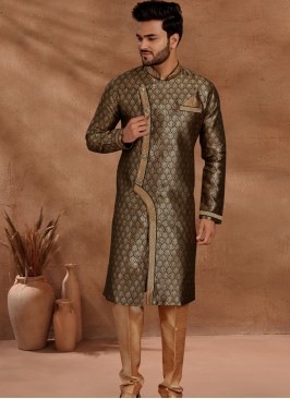 Bottle Green and Chikoo Set with Jaqard Top and Art Silk Trousers Semi Sherwani.