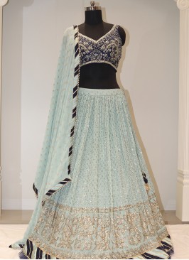 Sky Blue Bliss: Georgette Lehenga Choli with Handw