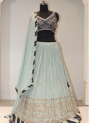 Sky Blue Bliss: Georgette Lehenga Choli with Handwork Embellishments