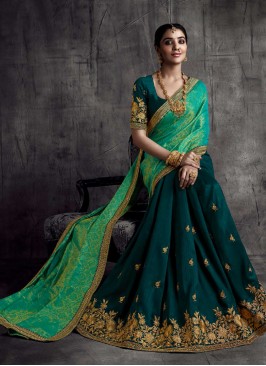 Bottle Green Color Silk Embroidered Wedding Wear Saree