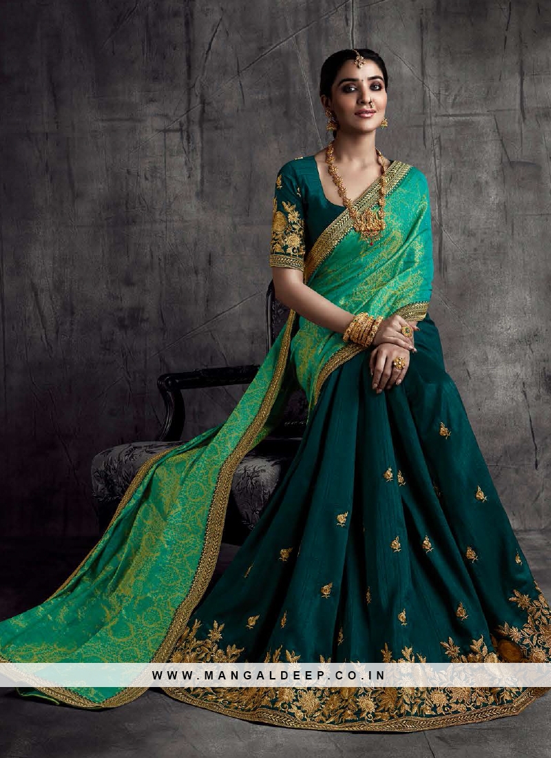 Bottle Green Color Silk Embroidered Wedding Wear Saree