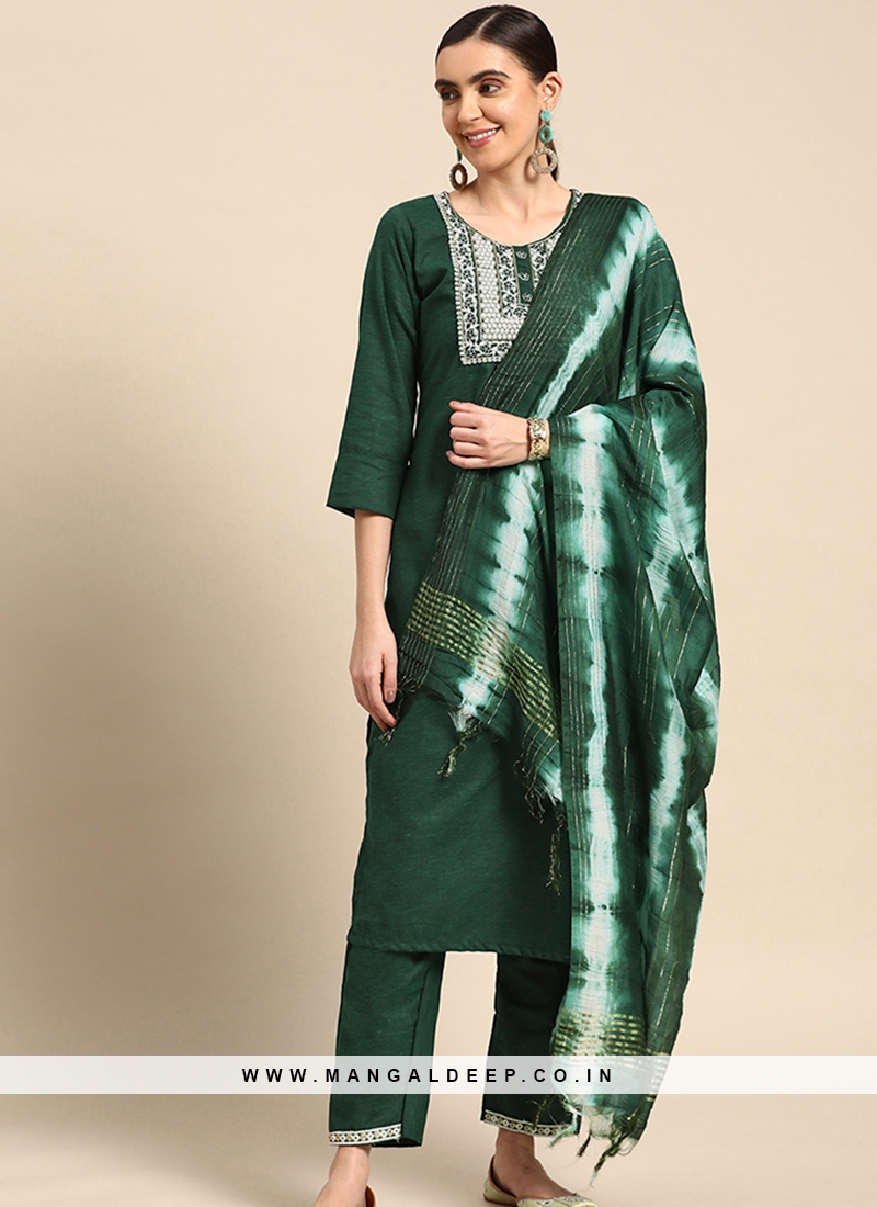 Bottle Green Poly Cotton Embroidered Kurta with Trouser & Dupatta