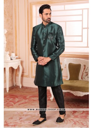 Bottle Green Raw Silk Nawabi Style Indo Western Sherwani with Art Silk Pant