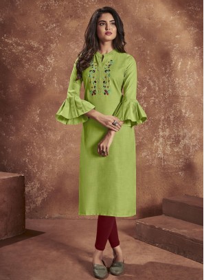 Breathtaking Cotton Embroidered Green Party Wear Kurti