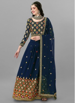Breathtaking Embroidered Faux Georgette Teal A Line Lehenga Choli