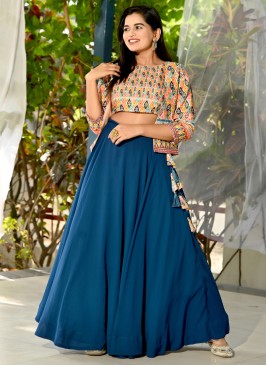 Breezy Navy Blue Digital Printed Faux Blooming Festive Wear Lehenga Choli With Koti