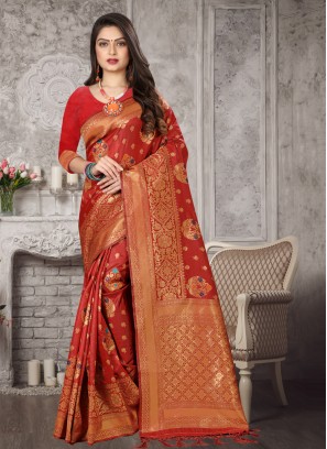 Brilliant Art Banarasi Silk Red Weaving Traditional Saree