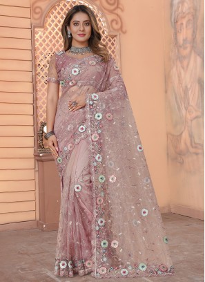 Brilliant Butta Net Rose Pink Designer Saree