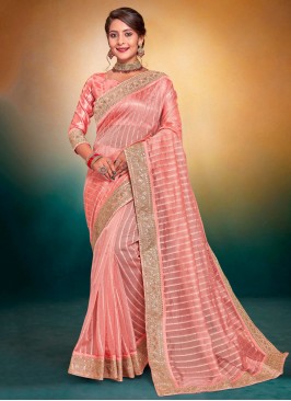 Brilliant Fancy Fabric Peach Border Classic Saree