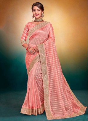 Brilliant Fancy Fabric Peach Border Classic Saree