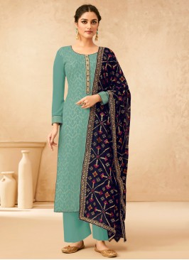 Brilliant Faux Georgette Blue Embroidered Designer Palazzo Salwar Suit