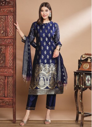 Brilliant Navy Blue Cotton Silk Salwar Suit
